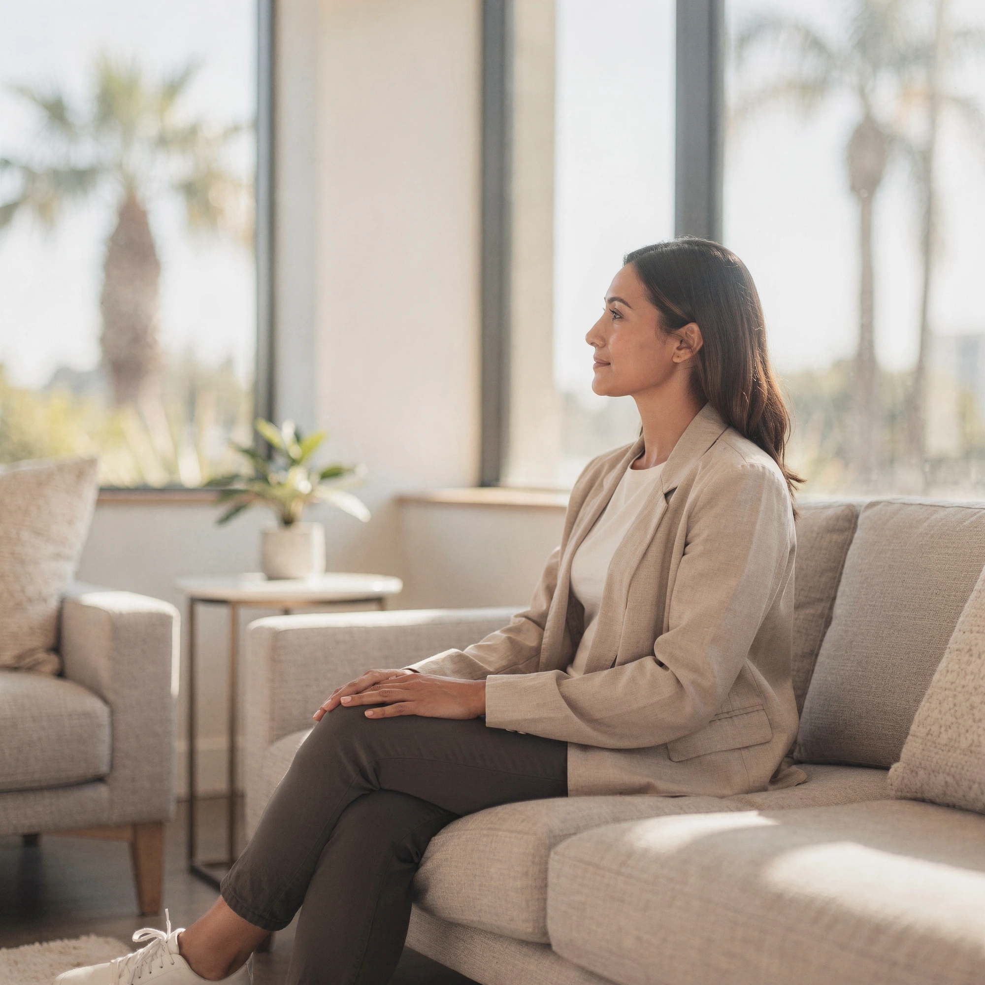 Woman sitting on a beige couch in a bright counseling office with palm trees visible through large windows